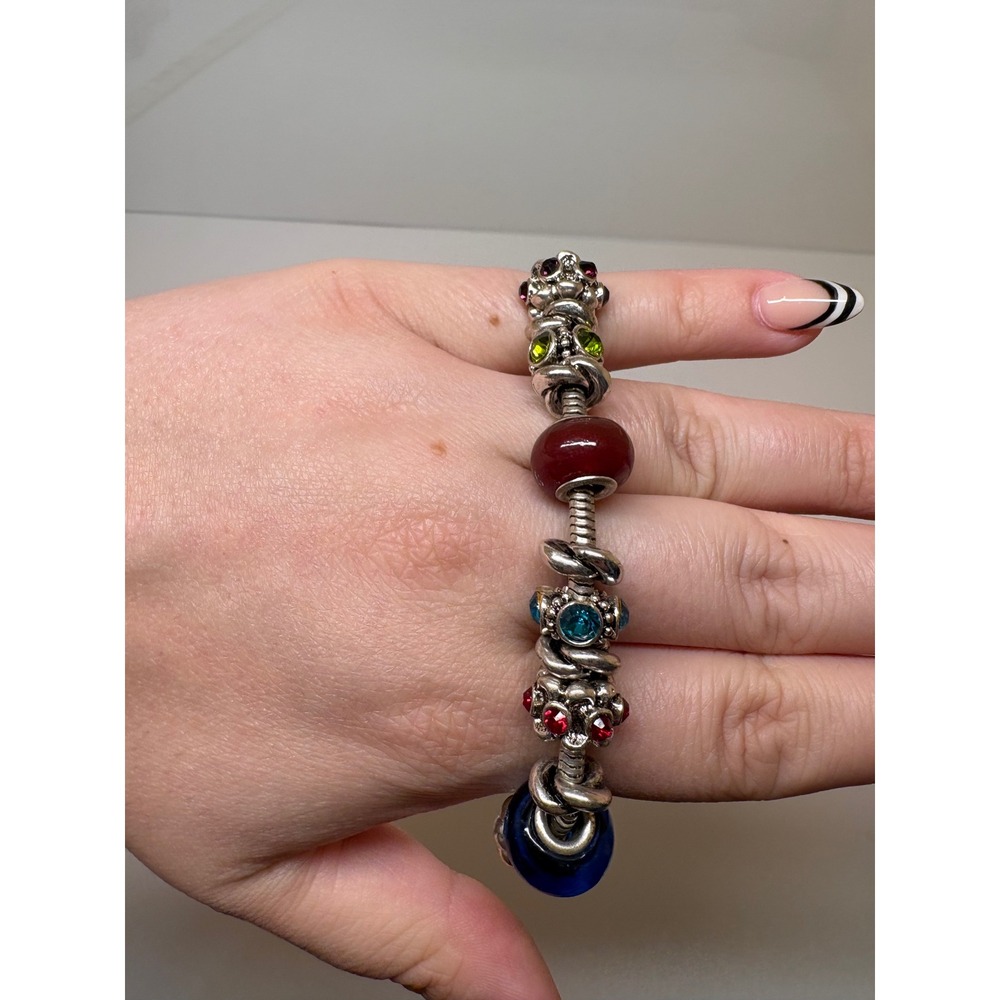 Silver Tone Snake Chain Charm Bracelet Multi Color Glass Rhinestone Beads